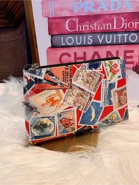 Sydney Love Travel Toiletry in Red, Blue, White Stamp Print makeup bag